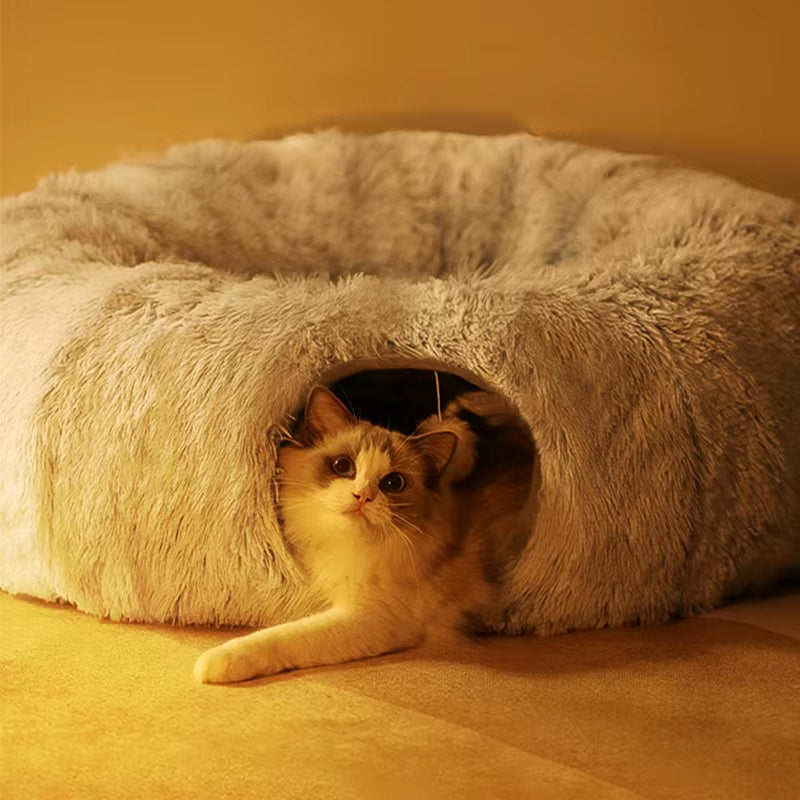 Plush Pets Cat Kennel Gray Foldable round Cats Nest Crossing Tunnel Bed Winter Warm Collapsible Basket Cushion Mat Pet Supplies